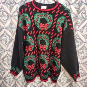 Vintage Holiday Time Wreath Ugly Christmas Sweater Sparkly Made In USA